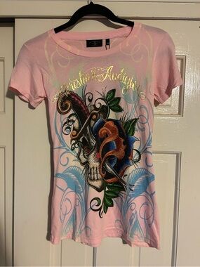 Christian Audigier Pink Short Sleeve Tee with Floral Skull Graphic